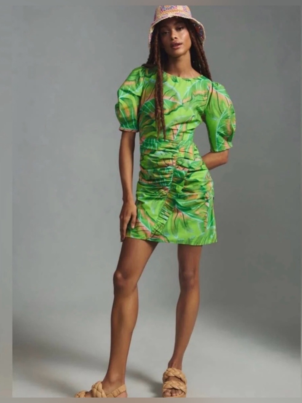 Farm Rio Anthropologie Tropical Leaf Ruched Puff Sleeve Mini Dress NWOT Size 2X